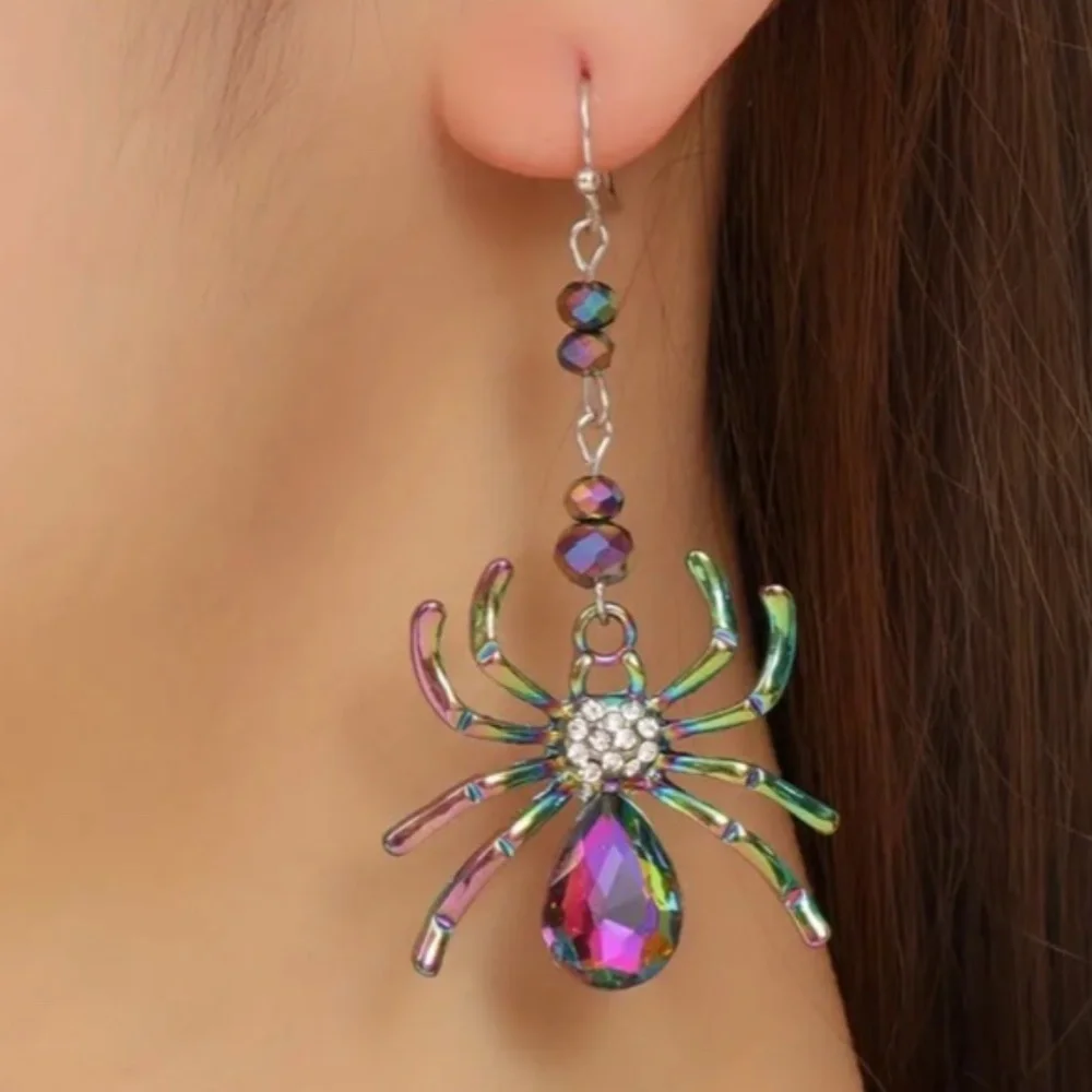 NWT! Halloween Holiday Multicolored Shimmer Pierced Dangle Spider Earrings!